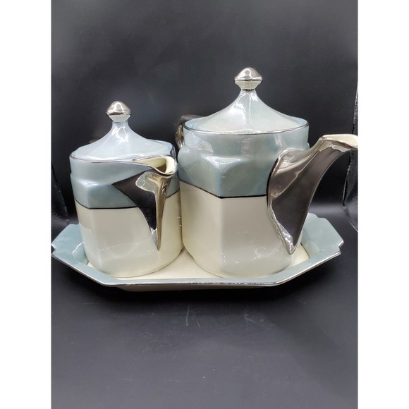 Vintage Beyer & Boch Ceramic Tea Pot Creamer Set W/ Tray Blue Silver Iridescent - Picture 3 of 10